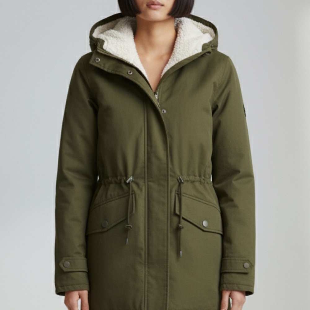 SHERPA LINED UTILITY PARKA JACKET COAT - DARK OLIVE GREEN